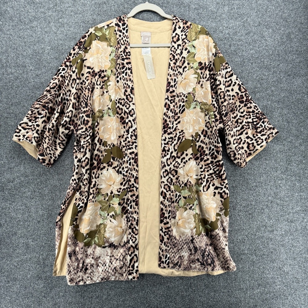 Chicos Kimono Womens S/M Cream Leopard Print Open Front Casual Resort Eclectic